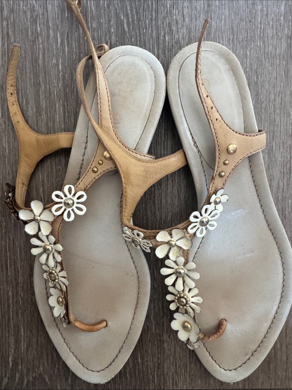 Miu Miu Tan Leather Floral T-Strap Sandals with White Accents